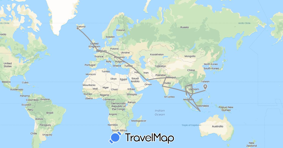 TravelMap itinerary: plane in United Arab Emirates, United Kingdom, Indonesia, India, Iceland, Malaysia, Nepal, Philippines, Romania, Thailand, Vietnam (Asia, Europe)